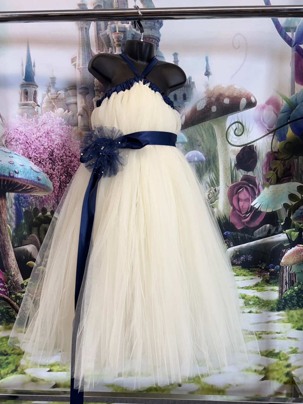 Handmade Ivory Tulle Girl Dress with Navy Sash